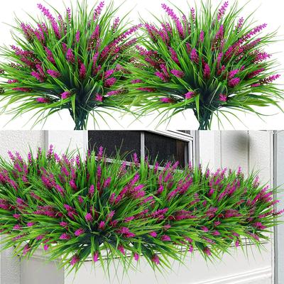 1 Bundles Artificial Plants Outdoor Faux Lavender Flowers Fake Monkey Grass UV Resistant Plastic Greenery Plants for Garden Home Porch Window Patio