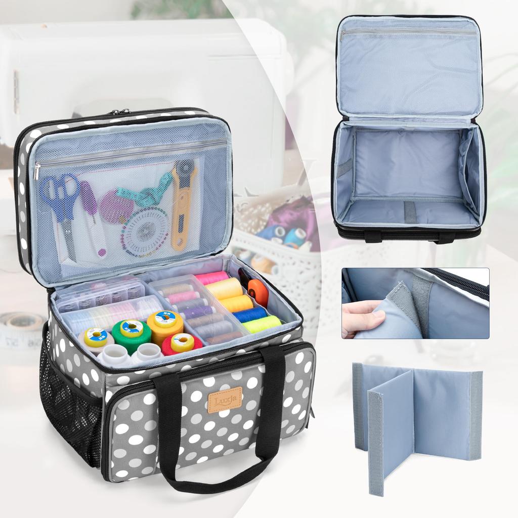Luxja Sewing Large Capacity Sewing Bag with Storage and Multiple Pockets for Sewing Storage and Bag Gray Dot Box, Two-Tier Tools, Transport, Only,