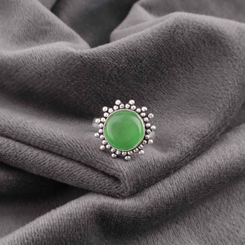 Green Cat's Eye Gemstone Ring, 925 Solid Sterling Silver Jewelry, Handmade Spiritual Jewelry For Wedding Gift