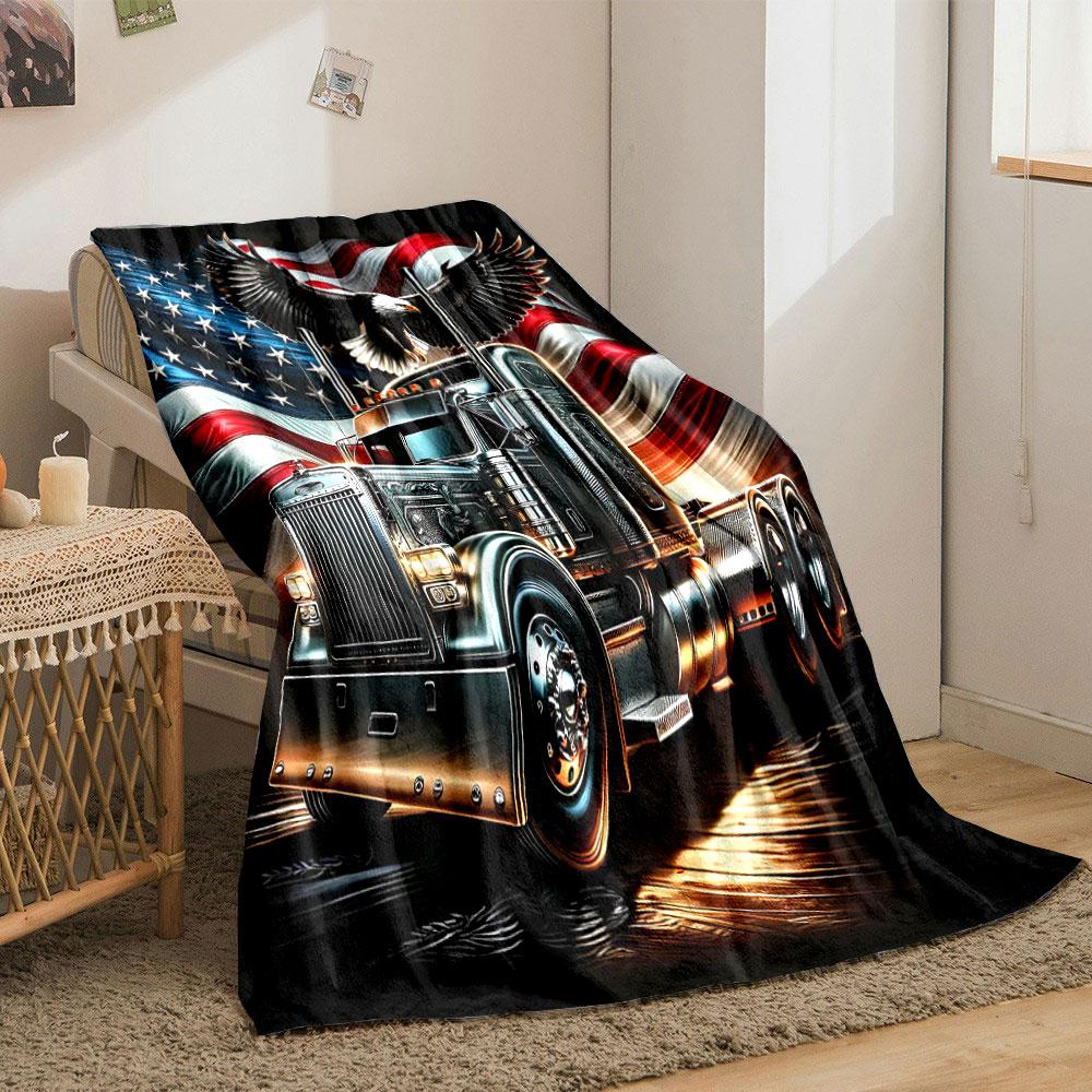Bald Eagle Semi Truck USA Flag Blanket Bedroom Blanket for Livingroom Couch Lunch Break Soft Throw for Friend's Festival Gift