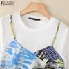 ZANZEA Women Casual Round Neck Loose Short Sleeve Patchwork T-Shirts