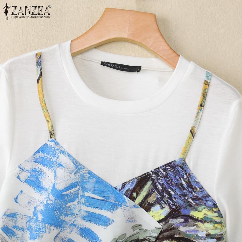ZANZEA Women Casual Round Neck Loose Short Sleeve Patchwork T-Shirts