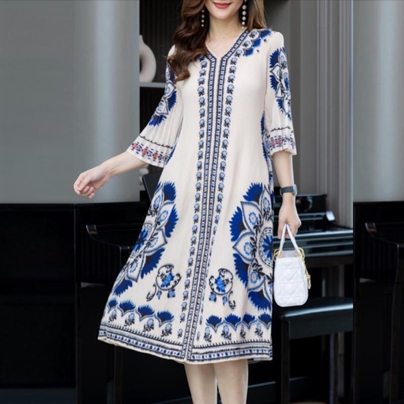 

ZANZEA Женское повседневное платье с V-образным вырезом и рукавами 3/4 свободного кроя с этническим принтом 5XL синий