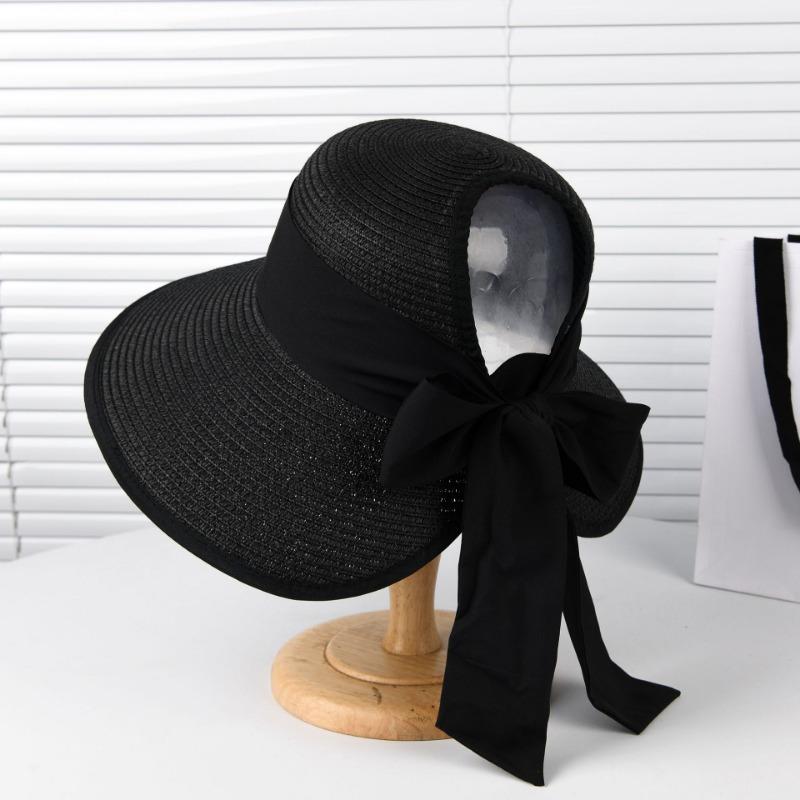 Chapeau de paille à large bord et haut-de-forme vide pour la mode d'été polyvalente pour femmes, chapeau de paille pare-soleil, chapeau de soleil tendance