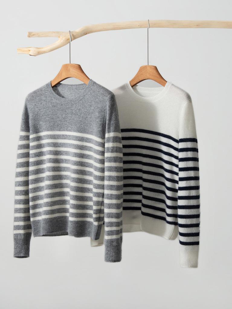 Round Neck Cashmere Knit Sweater for Women - Long Sleeve, Color Block Stripes, Versatile Autumn/Winter Base Layer Top