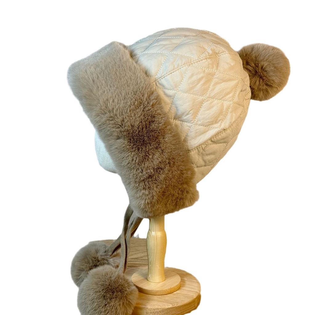 Down Cotton Lei Feng Hat for Women Korean Version Sweet and Cute Fur Ball Lei Feng Hat Winter Thickened Warm Ear Protection Plush Hat