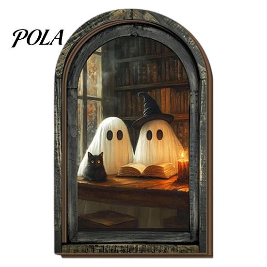 Halloween Hanging Wall Art Vintage Arch Wooden Sign, Gothic Spooky Ghost Decor with Bracket, Rustic Dark Aesthetic Home Ornament for Party Gift