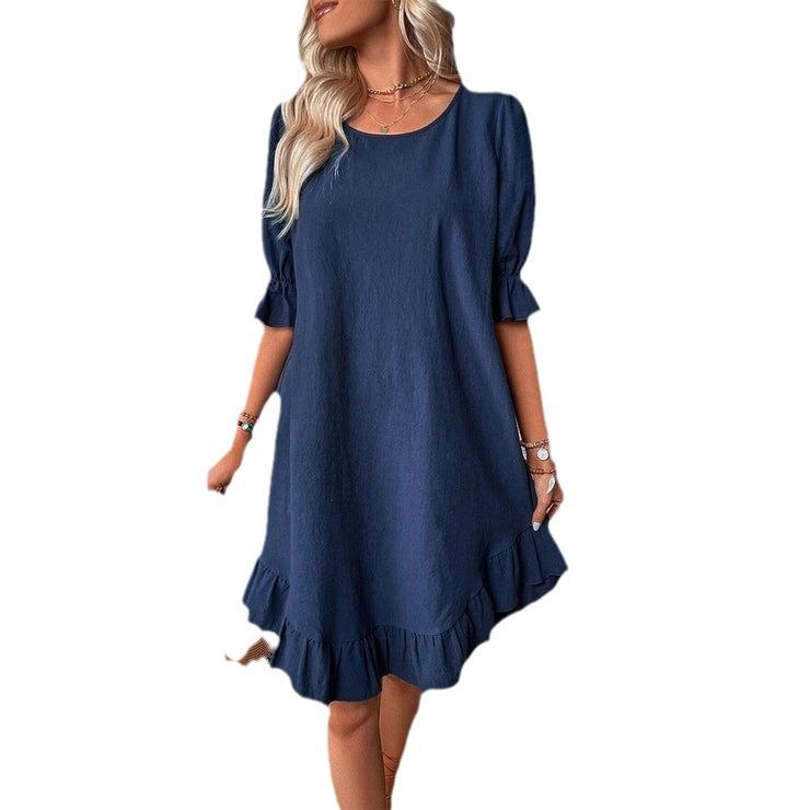 2025 Spring/Summer Women's Retro Cotton-Linen Mid-Sleeve Loose Swing Dress