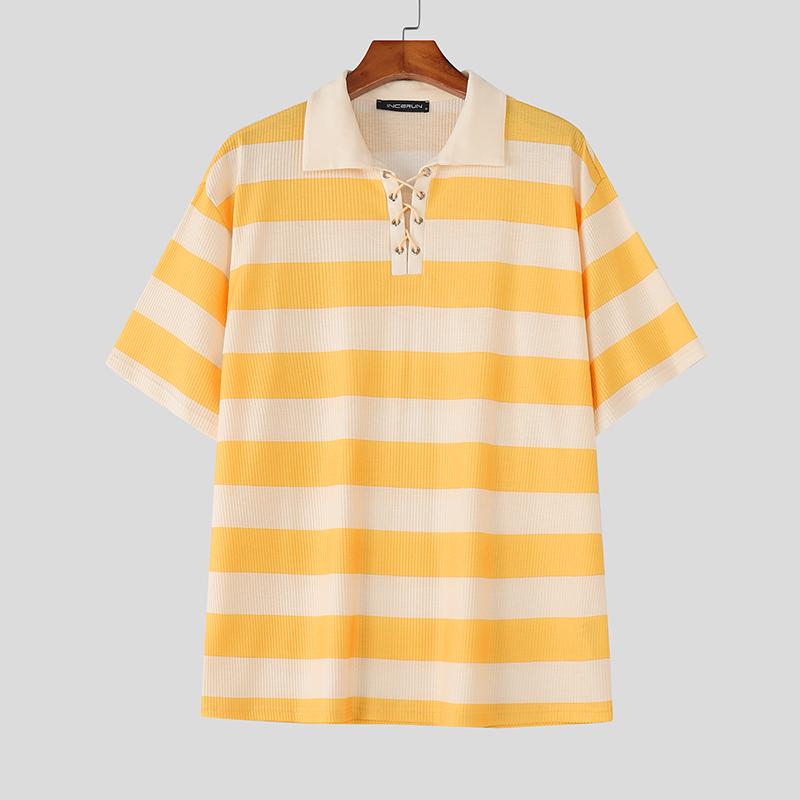 

INCERUN Men Turn-down Collar Short Sleeve Striped Casual Texture T-shirts Tops S жёлтый