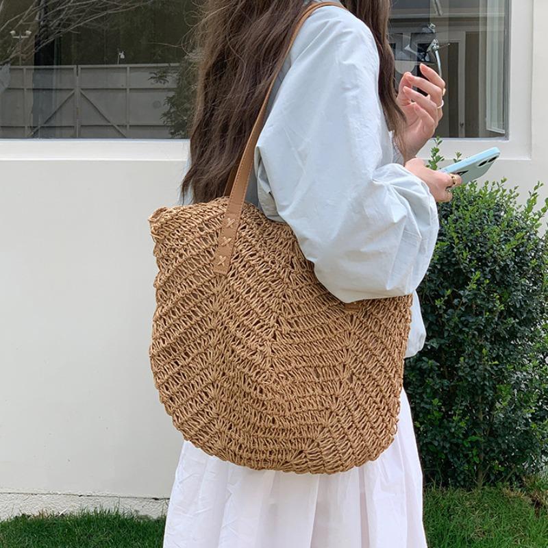 Hand-woven Straw Bag Women's Seaside Vacation Beach Woven Bag Large Capacity Commuter Shoulder Tote Bag