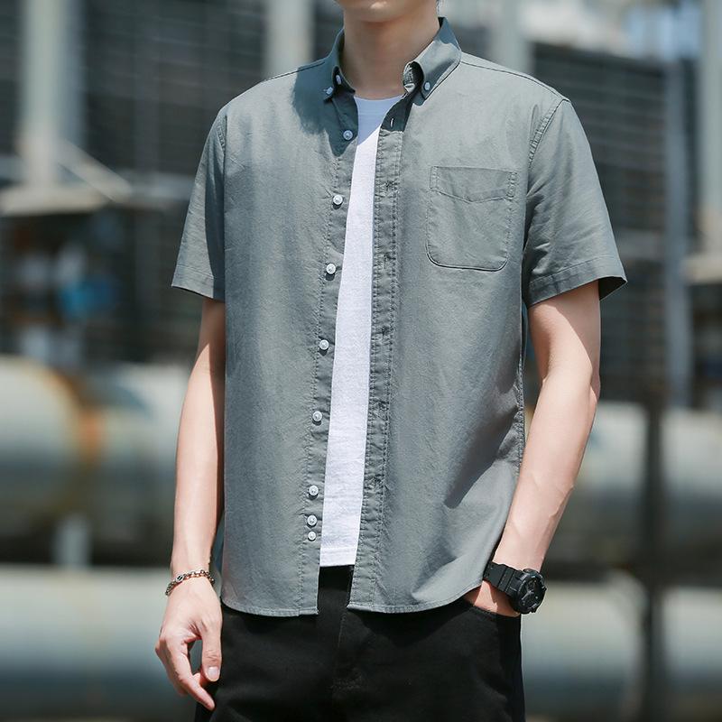 

Сплошная цветная мужская рубашка с короткими рукавами, летняя деловая повседневная оксфордская мужская рубашка без железных лацканов M армия зеленый