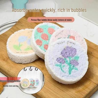 Round Wood Pulp Sponge Scrubber - Durable, Thick, Non-Stick Oil Absorbent Kitchen Cleaning Dishcloth
