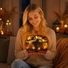 Wooden Halloween Pumpkin Decoration with Carved Pattern and LED Lights Halloween Pumpkin Ornament for Indoor Display Halloween Themed Wooden Craft