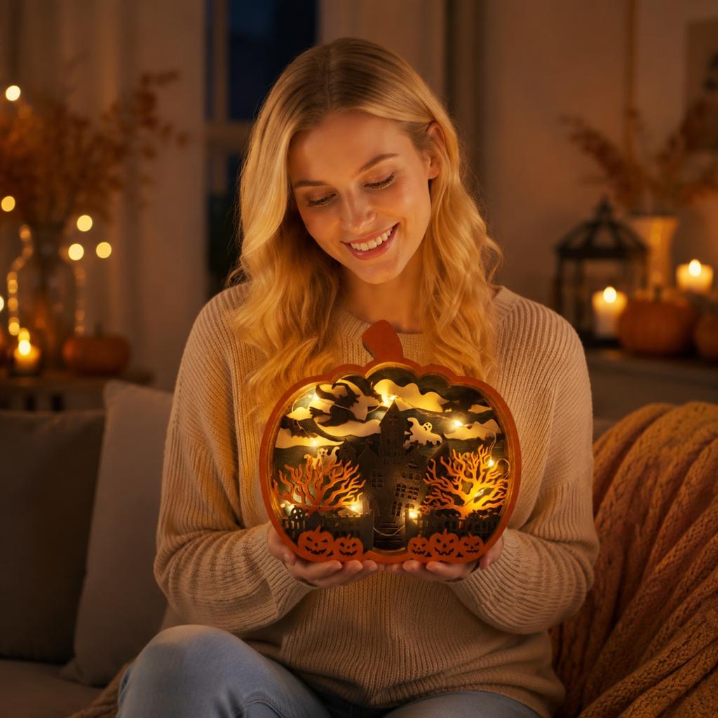 Wooden Halloween Pumpkin Decoration with Carved Pattern and LED Lights Halloween Pumpkin Ornament for Indoor Display Halloween Themed Wooden Craft