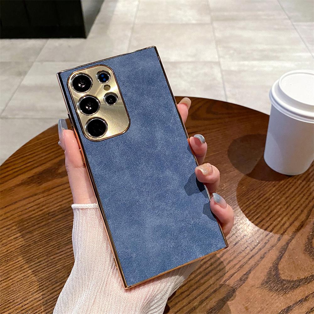 Leather Phone Case For Samsung Galaxy S23 S24 Plus S25 Ultra Protective Plating Frame PC Hard Shell Fashion Back Cover