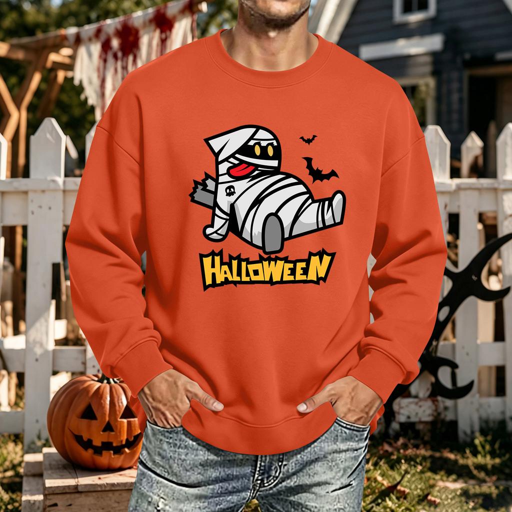 Men's Halloween Printed Long Sleeve T-Shirt Unisex Crewneck Casual Sports Top