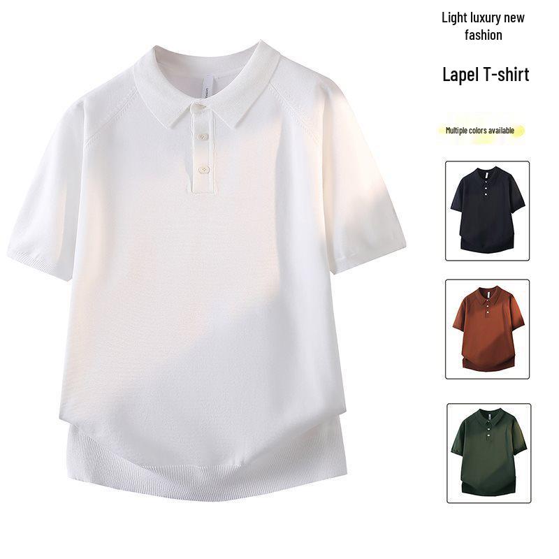 Summer 2026 Men's Italian Knit Polo Shirt - Retro Solid Color Lapel Short Sleeve