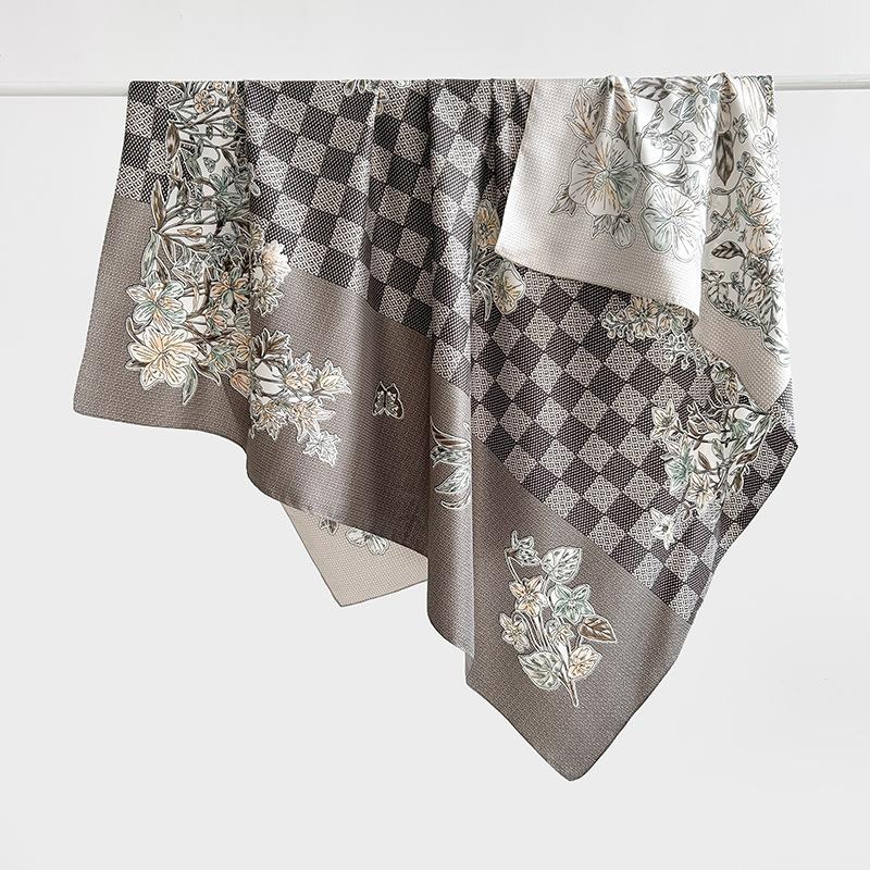 European and American style new flower grid printing silk scarf spring and autumn literary and artistic style atmosphere temperament twill square