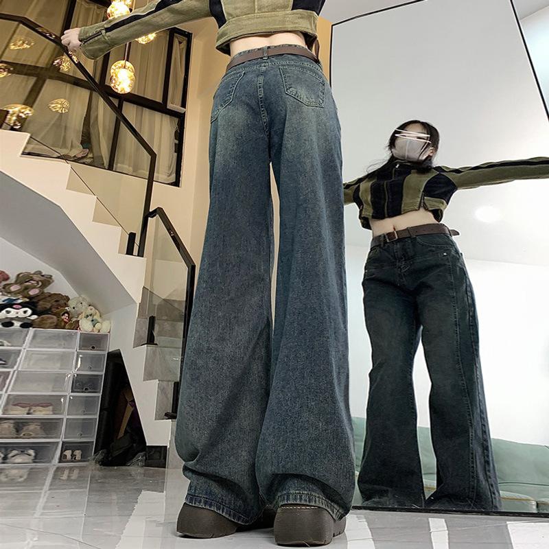Cement Gray Loose Wide-leg Jeans Women's High-waisted Trousers American Splicing Design Niche Narrow Version Straight Mopping Trousers