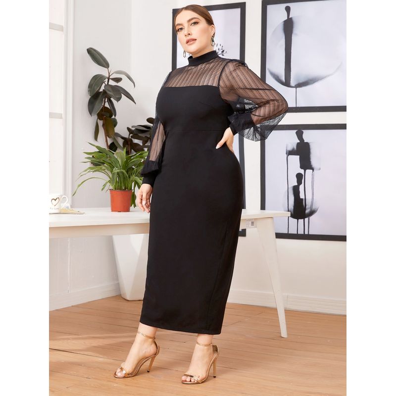 

Cross-Border Plus size women clothing Ol Commuting Mesh Patchwork Half-high Collar Perspective Sheath Long Dress Other colors 4XL