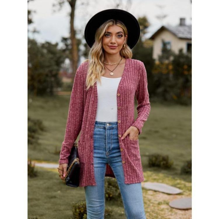Damen Strickjacke Pullover Langarm Einfarbig Gestreift Gestrickt Herbst Winter Mode