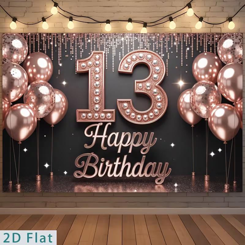 2D Happy 13th Birthday Backdrop, Rose Gold Glitter Balloon Party Photo Booth Background