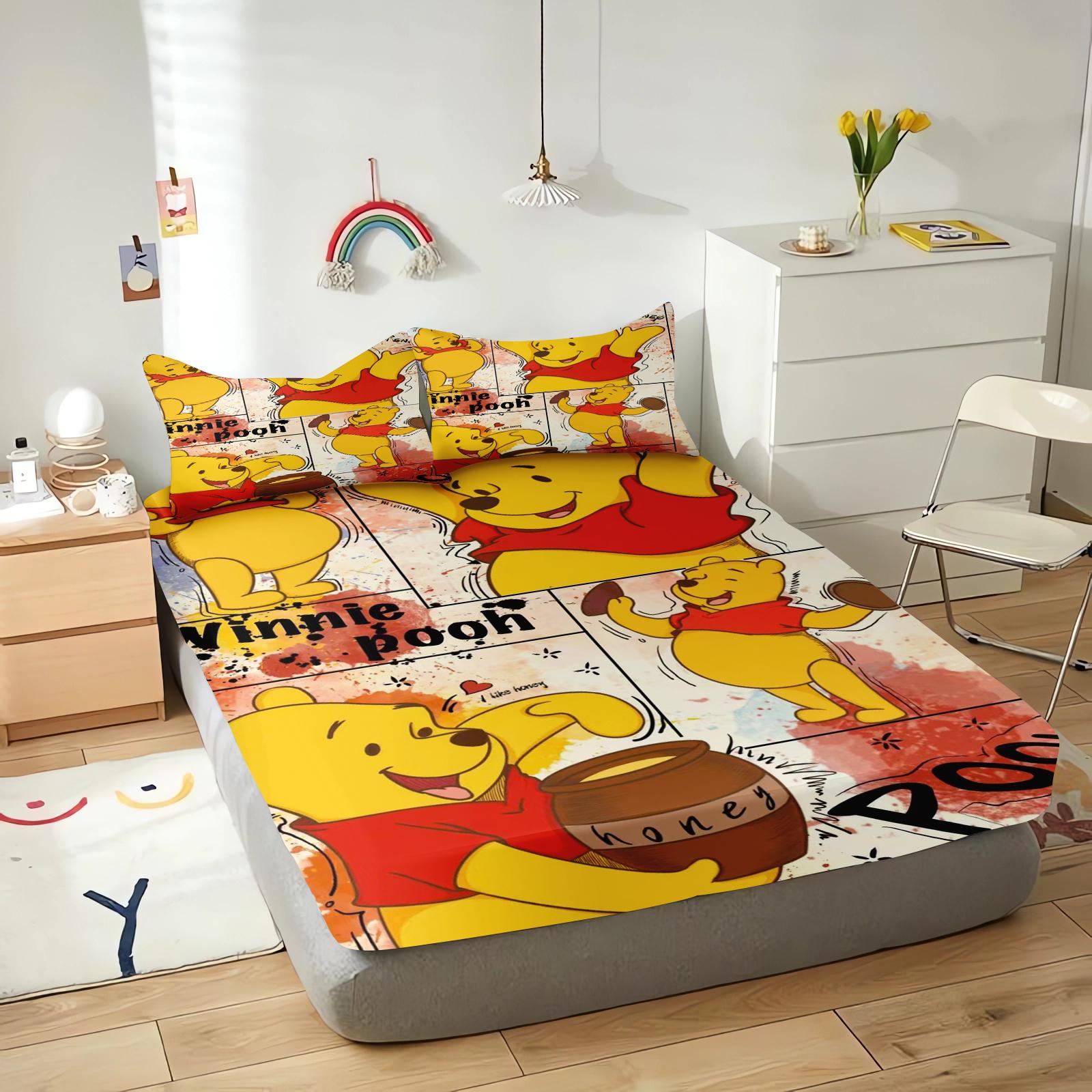 

-Винни Пух Простыни на резинке Мультяшный Постельный Комплект Одеяло 3D Детский Комплект Чехлов Королевский Размер Чехлы Принтованный Полиэстер 90x190cmX25cm&set