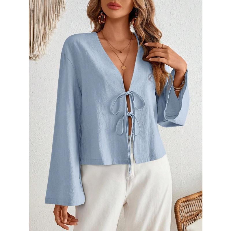 

YYFS Женская мода Повседневная весна-осень Однотонные принты Длинные рукава V-образный вырез Блузки и рубашки S небесно-голубой