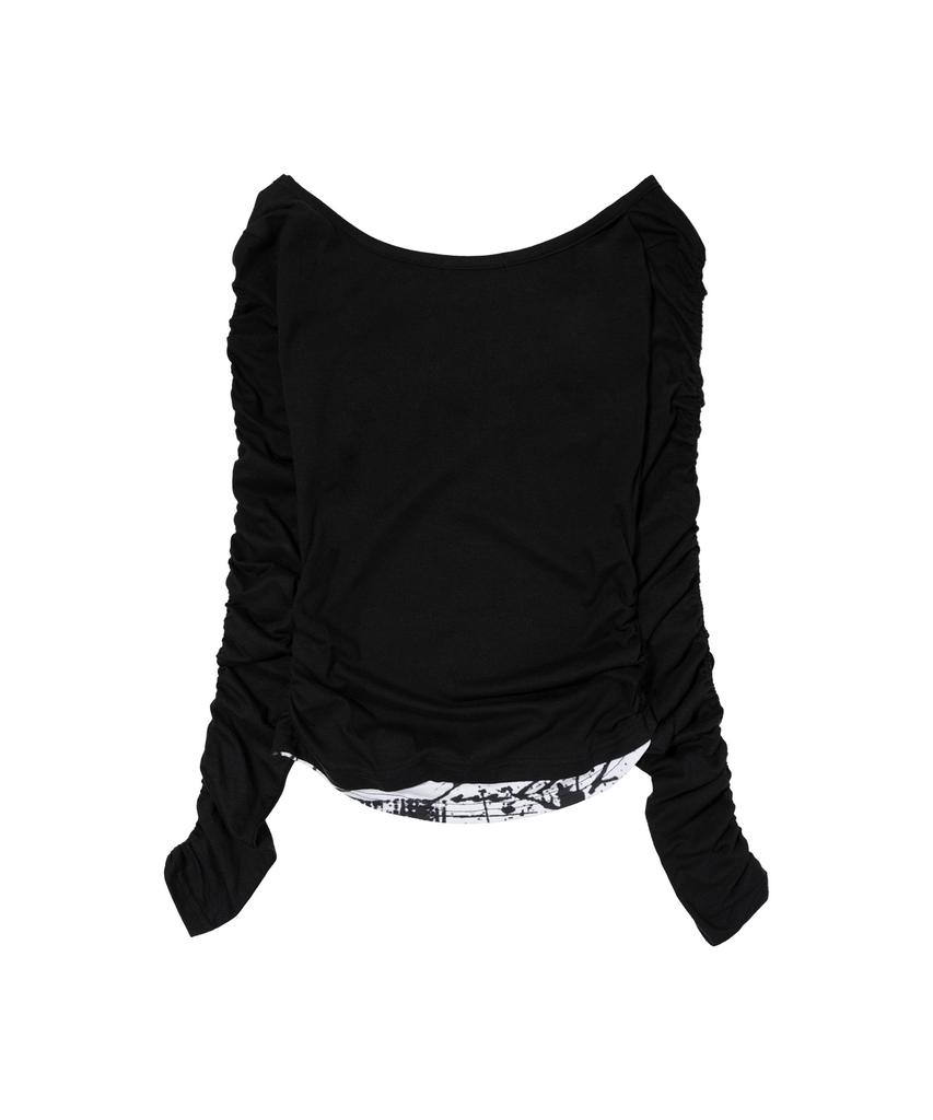 FANCY CLUB Double Layered Shirred Top (Black) F26Zb524