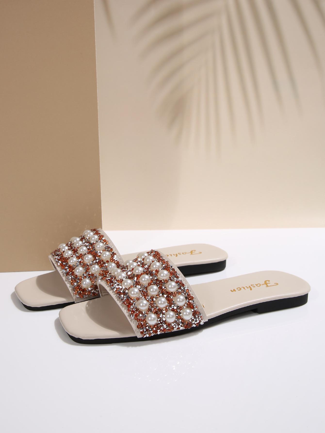 

[Foreign Trade] 2025 European Station Golden Velvet Fashion Outer Wear Rhinestone Pearl Holiday Flat Slippers Sandals 43 абрикосовый