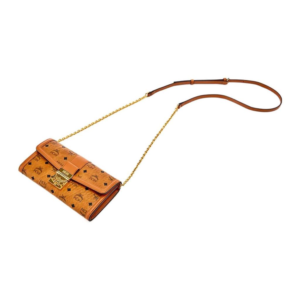 MCM Cognac Visetos Monogram Leder Wallet-on-Chain mit Goldverschluss & Kettenriemen für den täglichen & abendlichen Gebrauch