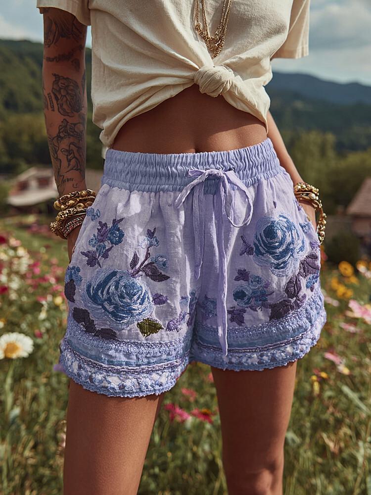 Retro Floral Print Women's Casual Shorts - European and American Style, 2025 Collection