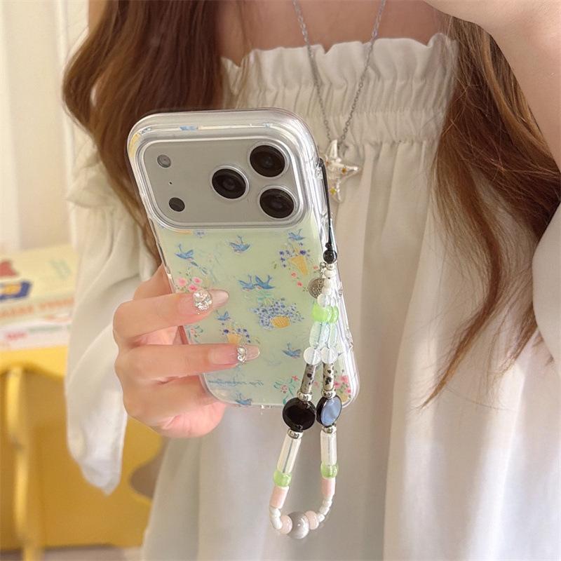 High-End French Retro Floral Bird Chain Phone Case for iPhone 17, 16 Pro Max, 15, 14