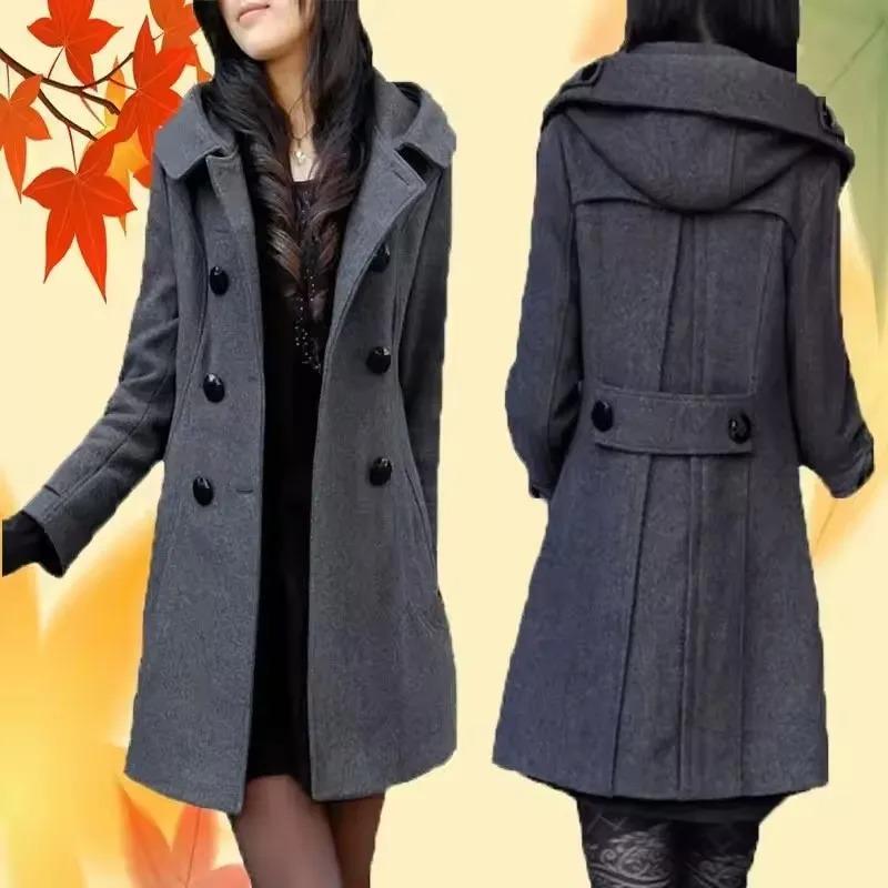 Fashion Winter Warm Mid-length Woolen Coat Women's Fall Winter Long Sleeve Jacket Hood Double-breasted Outerwear