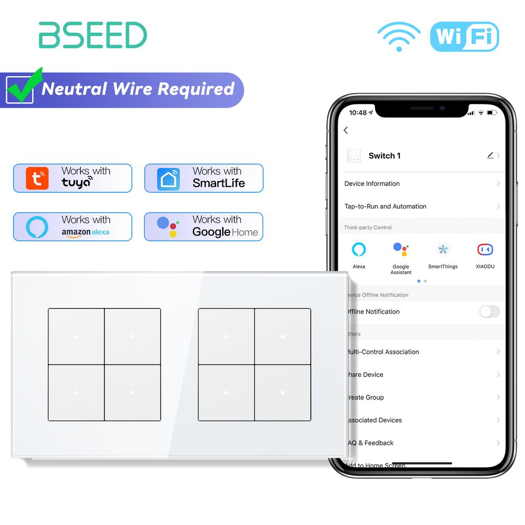 BSEED Wifi Wall Smart Switches 1/2/3/4Gang Mechanical Click Buttons Tuya Smart Life App With EU Power Sockets USB Glass Frames