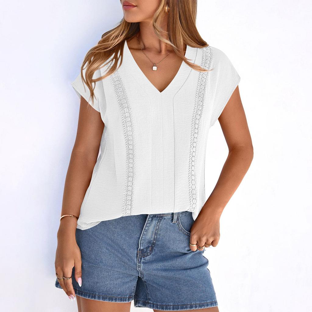 Women's Casual Fashion Ruched V,Neck Hollow Out Lace Trim T,Shirt Top
