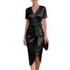 Women's V-Neck Satin Short Sleeve Bodycon Dress with for Party