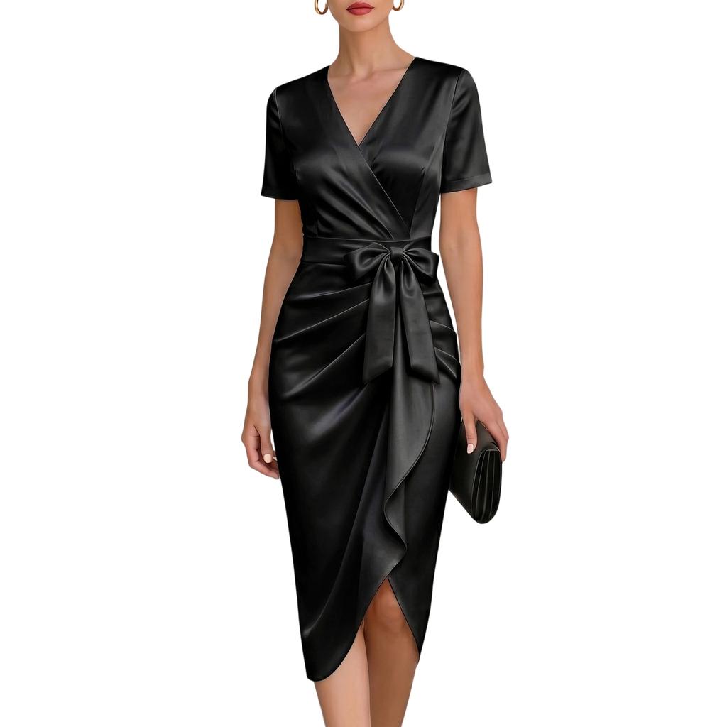 Women's V-Neck Satin Short Sleeve Bodycon Dress with for Party