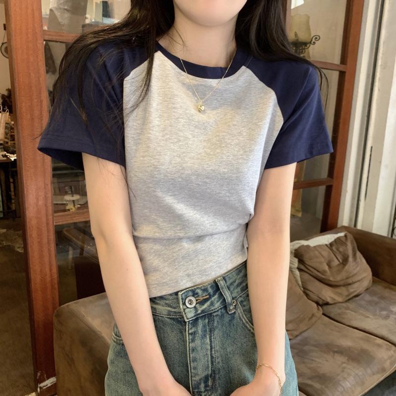 Koreanischer Stil Color Block Raglanärmel Baumwolle Schlankmachendes T-Shirt