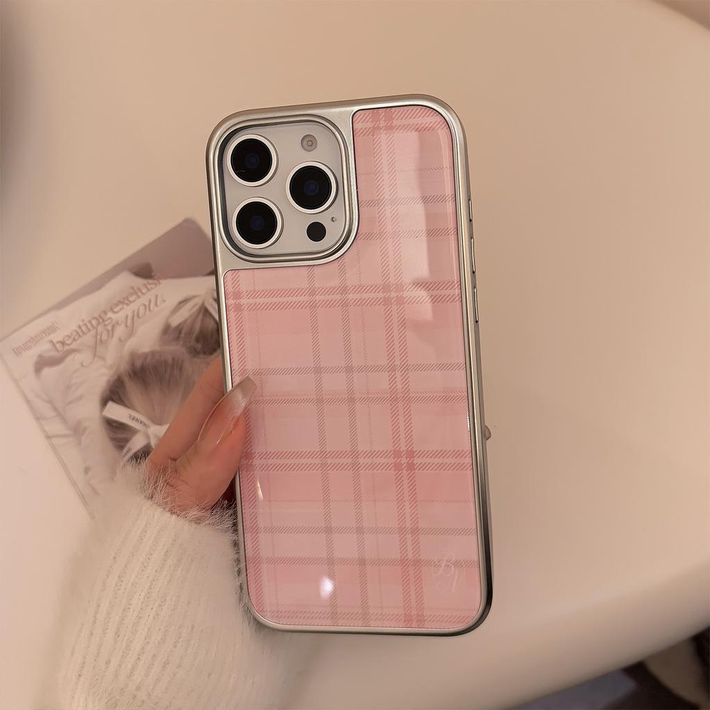 Pink Plaid Suitable for iPhone 16, 17 Pro Max, 14, 13, 15, Korean Sweet Style, Huawei Hard Case
