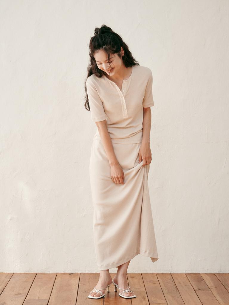 Plad Jour Jersey Long Skirt (Beige)