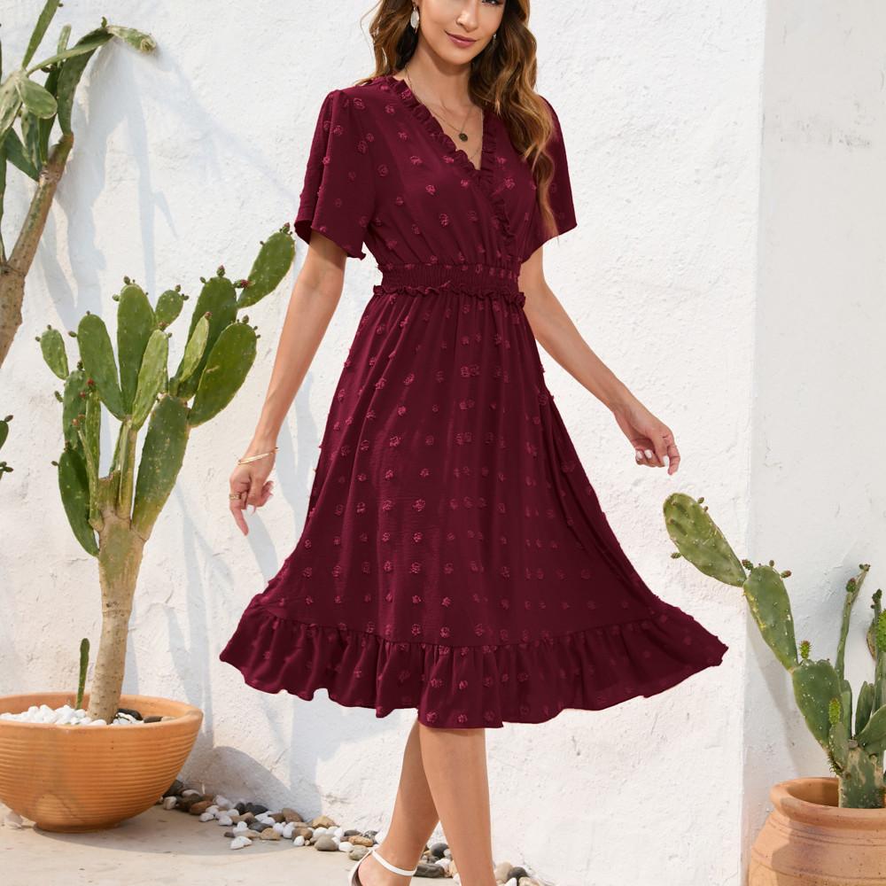 

GMXIA Новое платье с v-образным вырезом и высокой талией, меховое платье с короткими рукавами, повседневное платье для отдыха и путешествий XXL красный