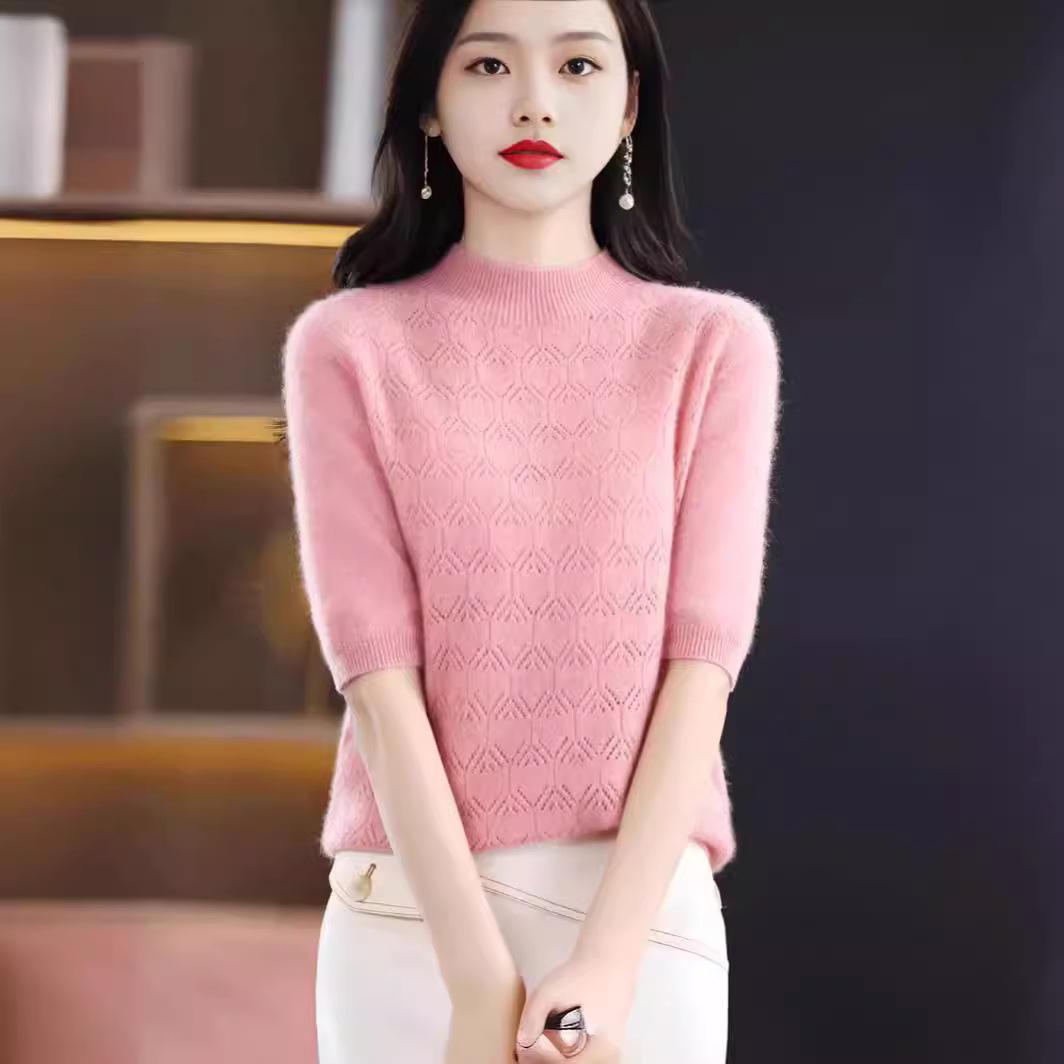 

Women s 100% Pure Wool Hollow Knit Half-Sleeve Sweater T-Shirt L
