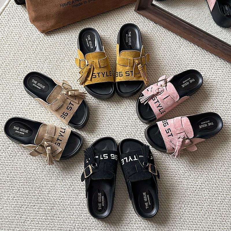 Internet celebrities with the same 2025 spring and summer trend explosion half drag versatile one pedal tassel casual lazy fish mouth slippers