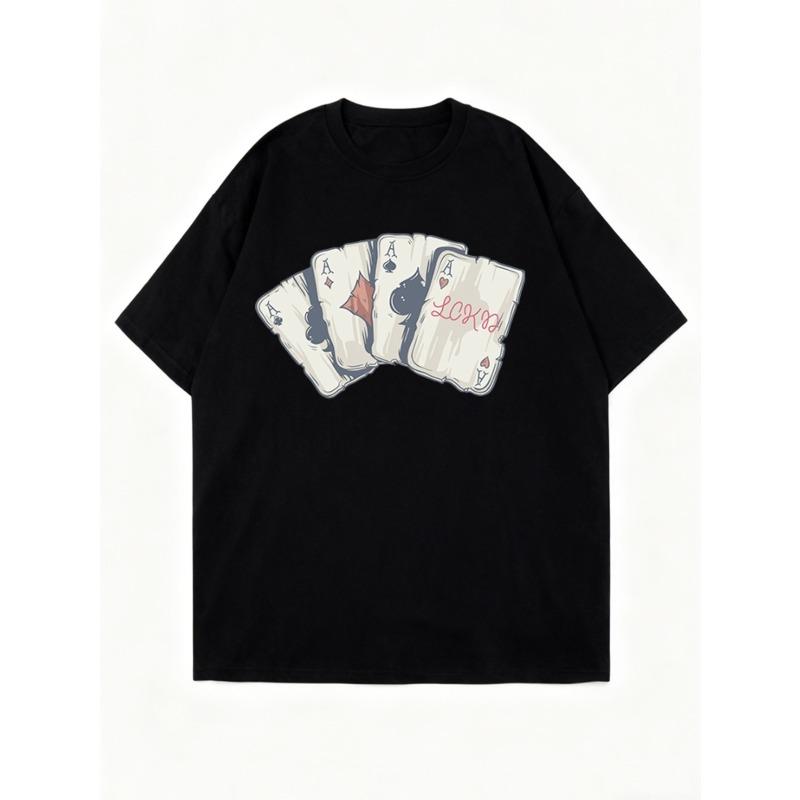Oversized T Shirt Black Playing Cards Ace Pattern With Love Text Casual Wear For Women Summer Streetwear Fashion Top
