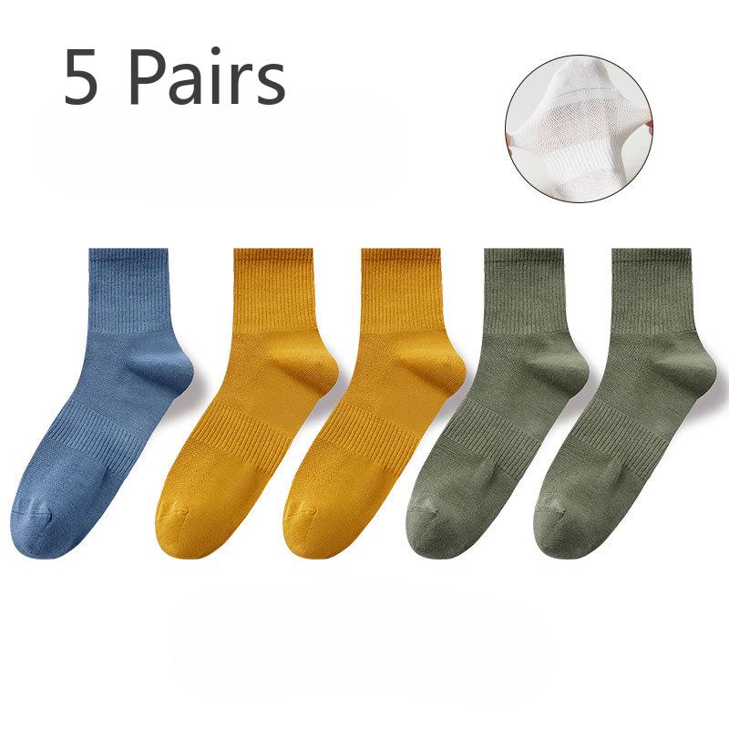 5 Pairs of Thin Antibacterial Four-season Mid-calf Mesh Cotton Socks, Pure Cotton Sweat-absorbing Men's Business Solid Color Combination