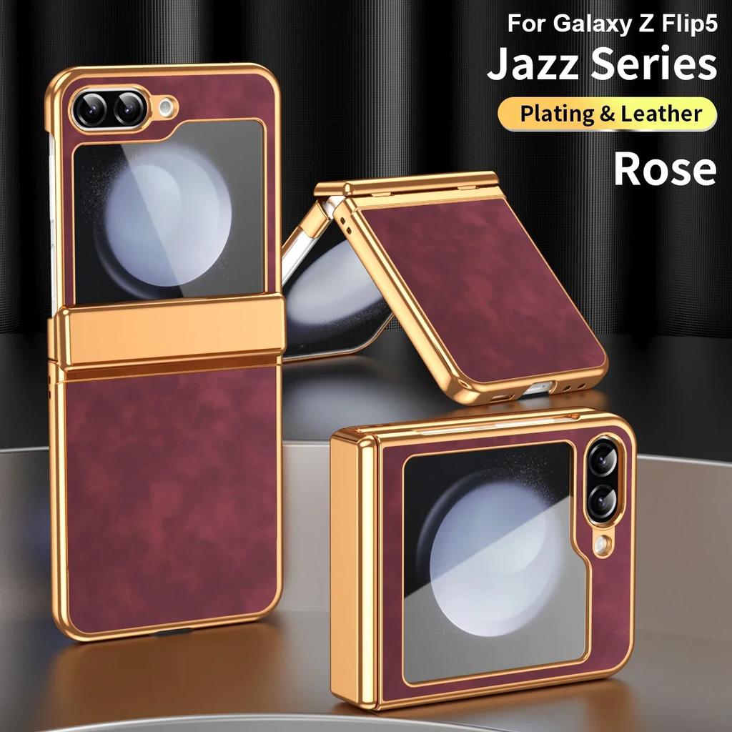 For Samsung Galaxy Z Flip 6 5 4 3 5G Case Luxury Leather Electroplated All-inclusive Folding Hinge Shockproof Protect Hard Cover