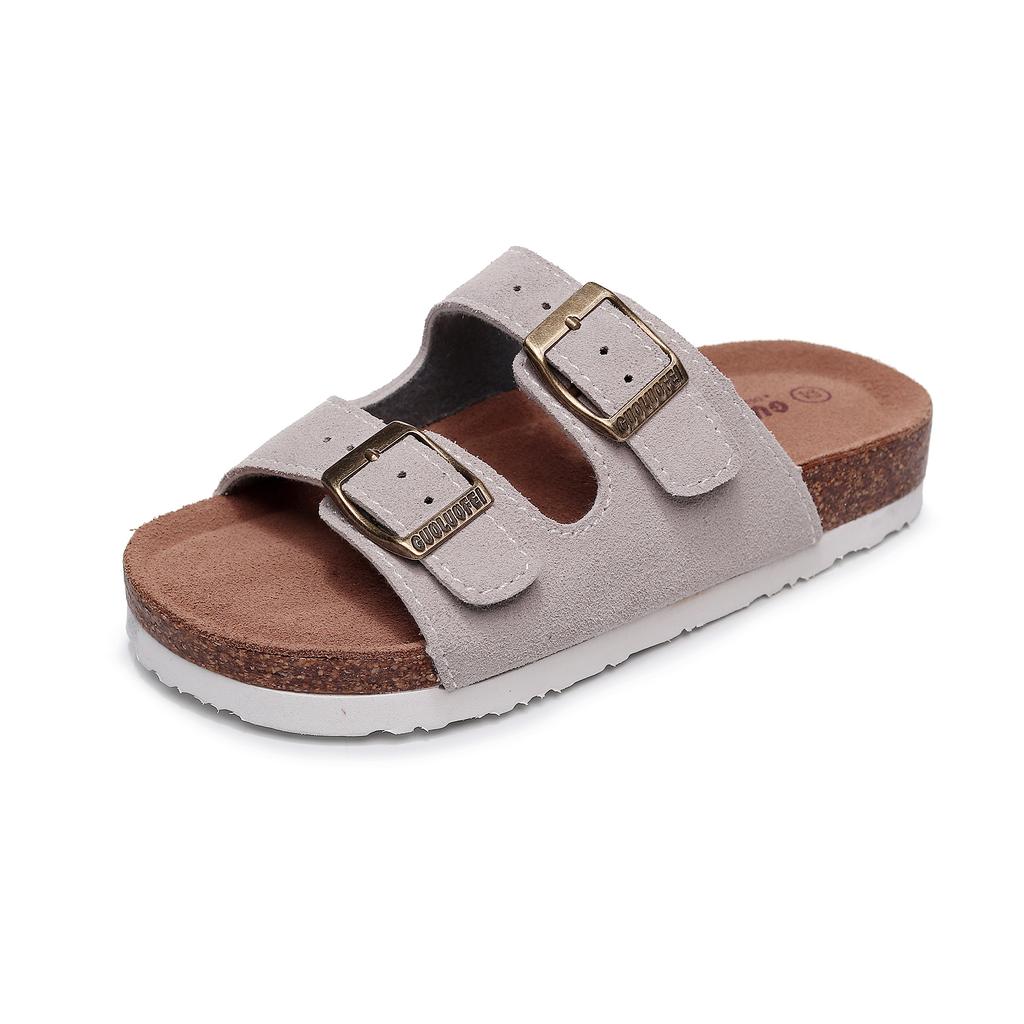 Papuci de plajă unisex cu 2 curele, lux din piele de vacă, sandale plate de vară pentru femei