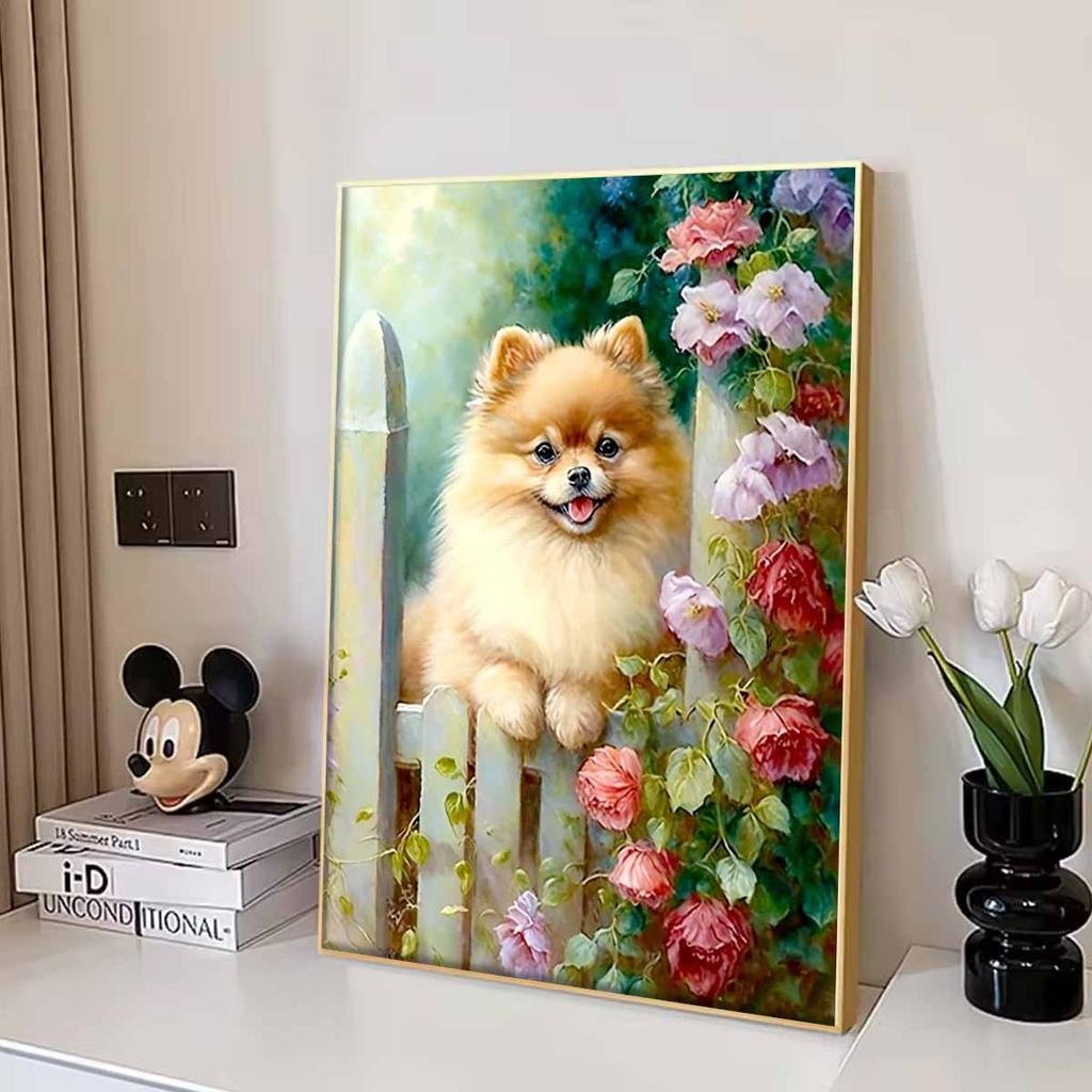Dog Diamond Art Set, 5D Flower Diamond Embroidery DIY Round Full Diamond Gemstone Crafts for Home Wall Decoration