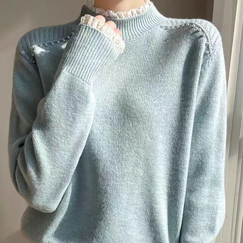 Women's Lace High Neck Wool Base Layer Sweater - Stylish & Warm Autumn/Winter Inner Wear.